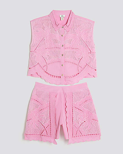 Girls Pink Palm Tree Cutwork Shirt Set