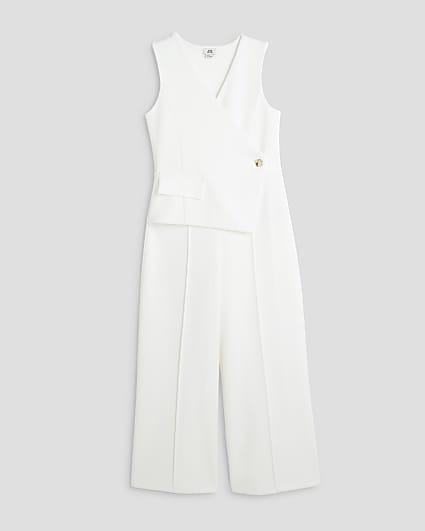 Girls White Scuba  Asymmetric Jumpsuit