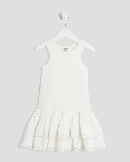 Mini Girls White Shirred Broderie Rara Dress