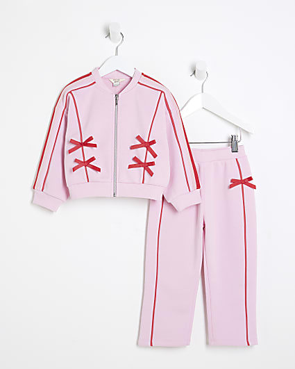 Mini Girls Pink Bow Trim Bomber Set