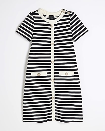 Girls Black Stripe Button Shift Dress