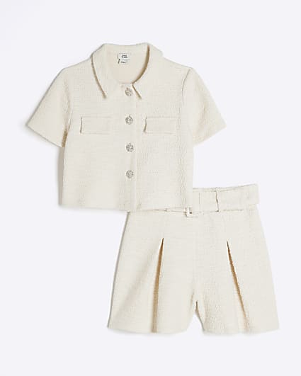 Girls Cream Boucle Belted Shorts Set