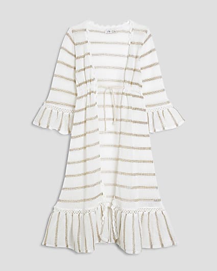 Girls White Knitted Stripped Maxi Kaftan