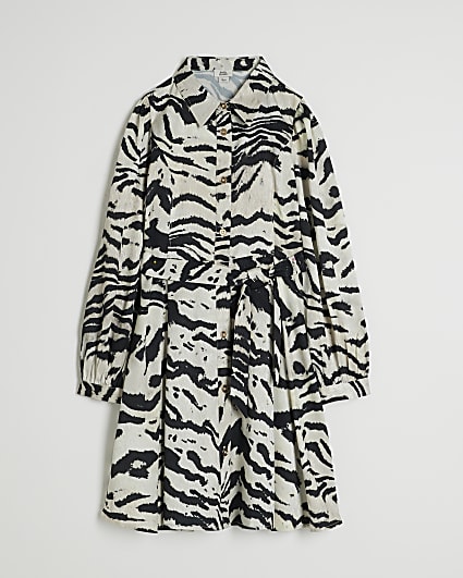 Girls Beige Zebra Belted Shirt Dress