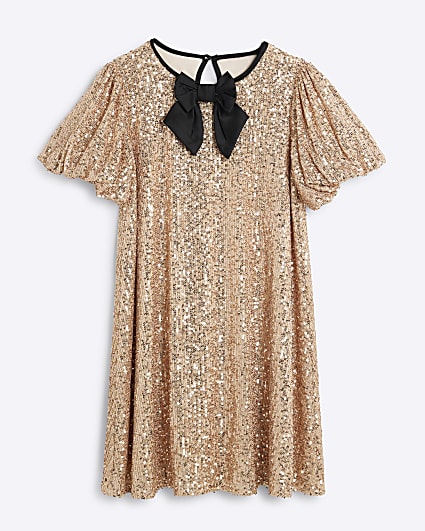 Girls Gold Sequin Bow Shift Dress