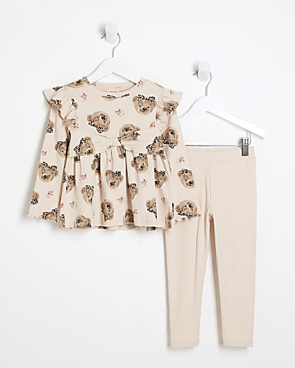 Mini Girls Beige Bear Peplum Top Set