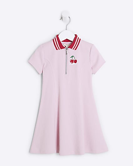 Mini Girls Pink Ribbed Cherry Zip Dress