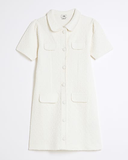 Girls Cream Short Sleeve Jacquard Daisy Dress