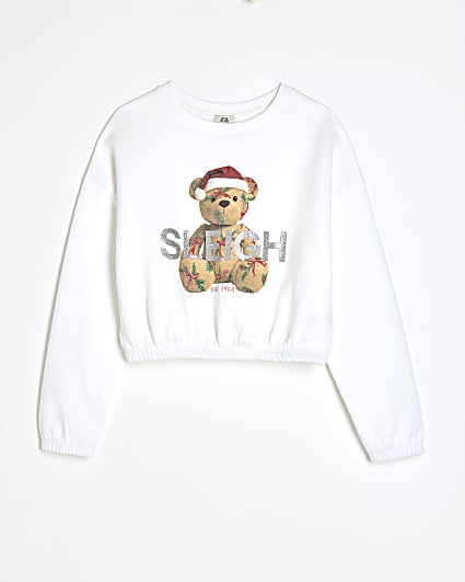 Girls White Christmas Sleigh Bear Sweatshirt