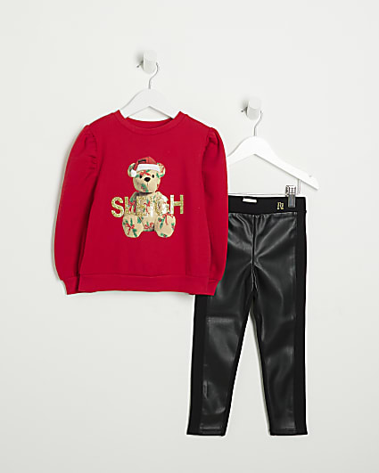 Mini Girls Red Christmas Bear Sweatshirt Set