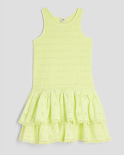 Girls Green Shirred Broderie Rara Dress