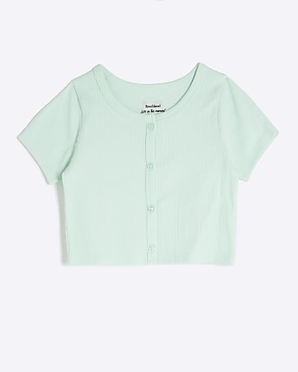 Girls Green Button Front Ribbed Scoop Top