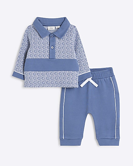 Baby Boys Blue Jacquard Polo Set