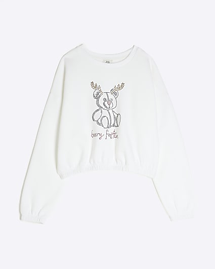 Girls White Reindeer Bear Xmas Sweatshirt