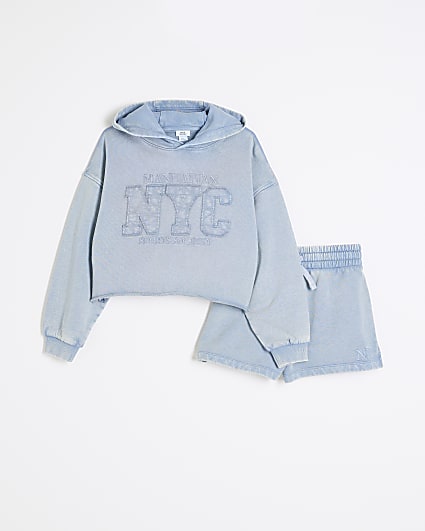 Girls Blue Washed Shorts And Hoodie Set