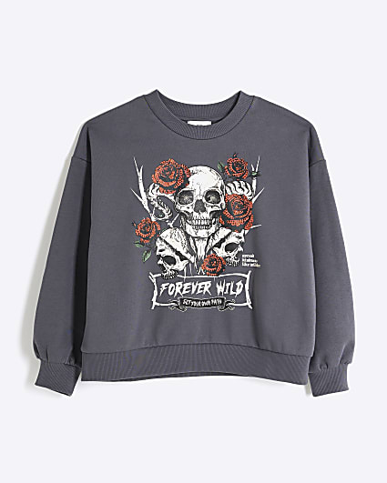 Girls Grey Skull Graphic Sweat