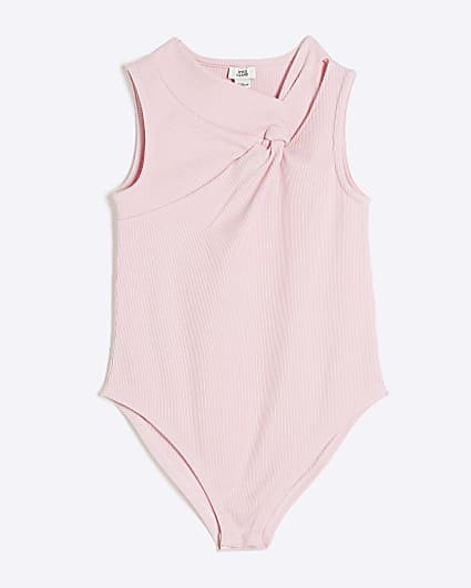 Girls Pink Ribbed Knot Bodysuit