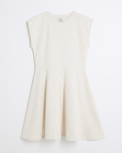 Girls Cream Embellished T-Shirt Dress