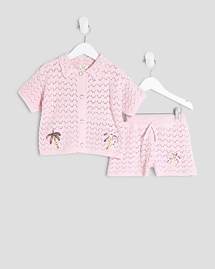 Mini Girls Pink Revere Palm Tree Shirt Set