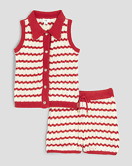 Girls Red Stripe Polo Shirt Set