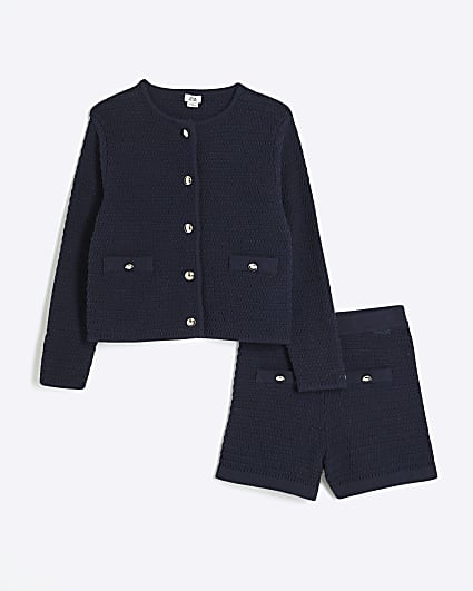 Girls Navy Button Shorts And Cardigan Set