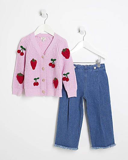 Mini Girls Pink Fruit Cardigan And Jeans Set