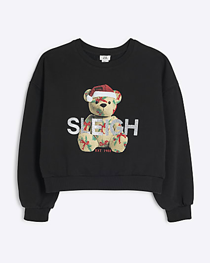 Girls Black Sleigh Bear Christmas Sweatshirt