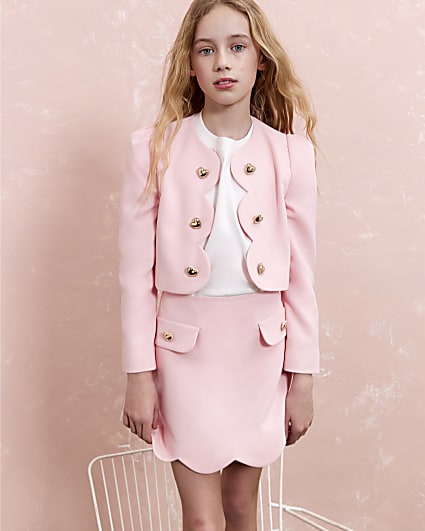 Girls Pink Scalloped Blazer Skirt Set