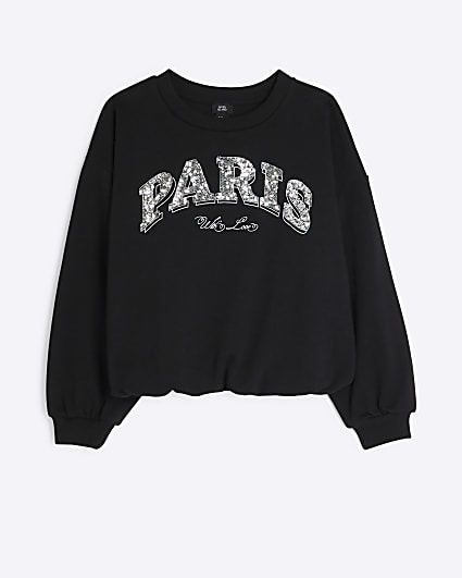 Girls Black Paris Sequin Sweatshirt