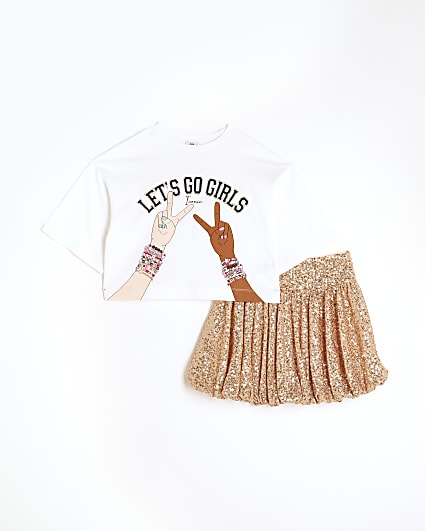 Girls Rose Gold Sequin Bubble Hem Skirt Set