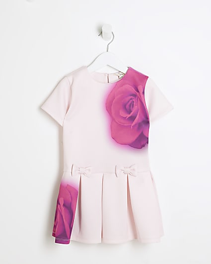 Mini Girls Pink Rose Drop Waist Scuba Dress