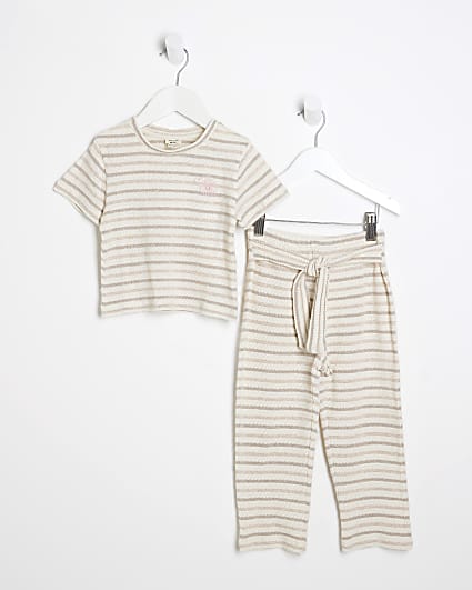 Mini Girls Cream Stripe Textured T-Shirt Set