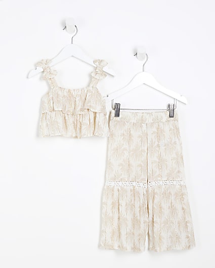 Mini Girls Cream Palm Shimmer Trousers Set