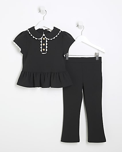 Mini Girls Black Collared Top & Trousers Set