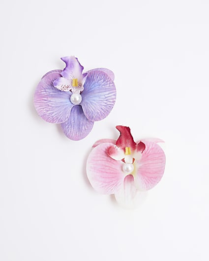 Girls Pink Orchid Flower Hair Clips 2 Pack