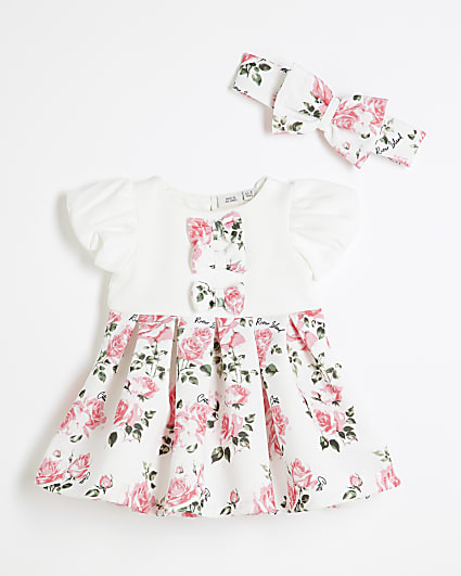 Baby Girls Pink Rose Print Scuba Dress Set