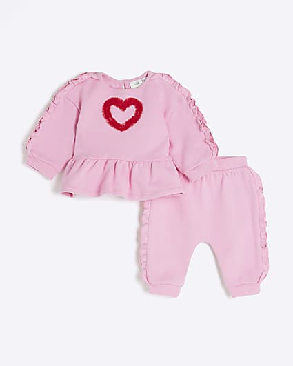 Baby Girls Pink Ruffle Trim Sweatshirt Set