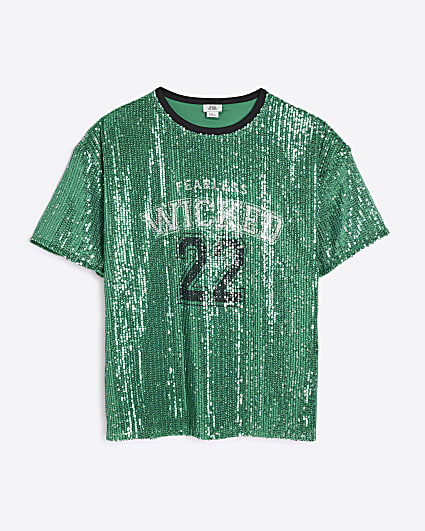 Girls Green Sequin Varsity T-Shirt