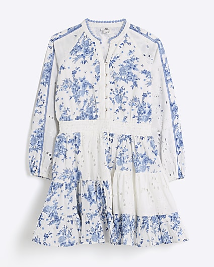 Girls Blue Floral Patchwork Shirt Dress