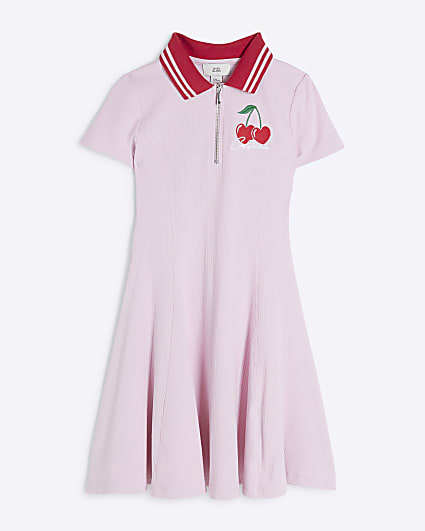 Girls Pink Rib Cherry Quarter Zip Dress