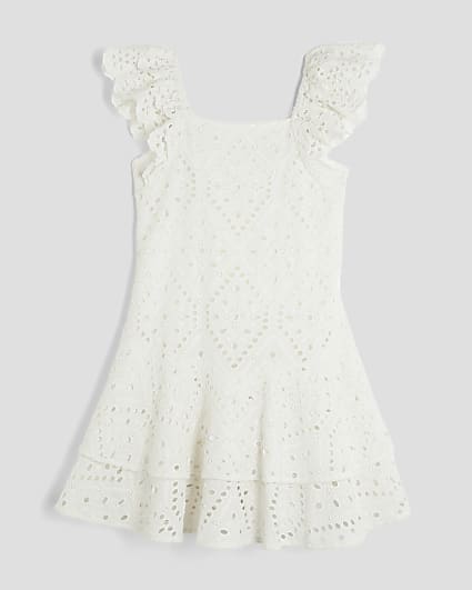 Girls White Broderie Beaded Skater Dress