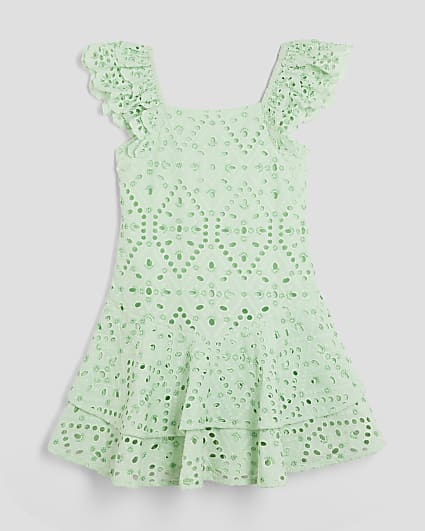 Girls Green Broderie Beaded Skater Dress