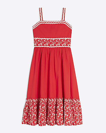 Girls Red Embroidered Floral Maxi Dress