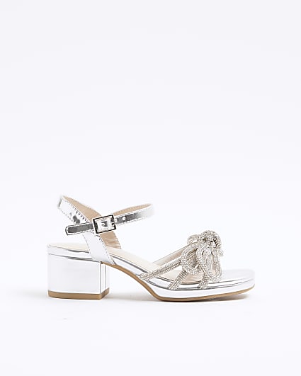 Girls Silver Embellished Block Heeled Sandals