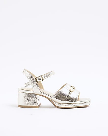 Girls Gold Heart Trimmed Block Heeled Sandals