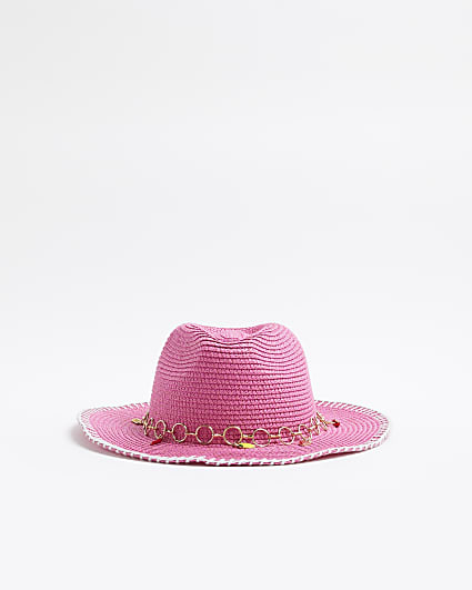 Girls Pink Straw Fruit Trim Cowboy Hat