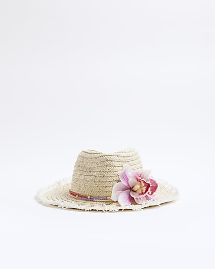 Mini Girls Beige Orchid Straw Cowboy Hat