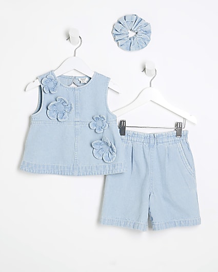 Mini Girls Denim Outfit And Scrunchie Set