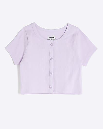 Girls Purple Button Front Ribbed Scoop Top