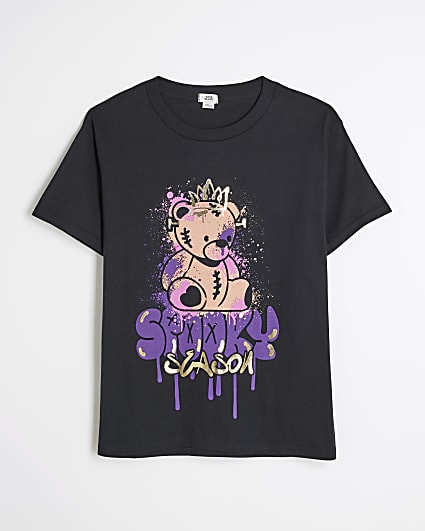 Girls Black Spooky Season Bear T-Shirt